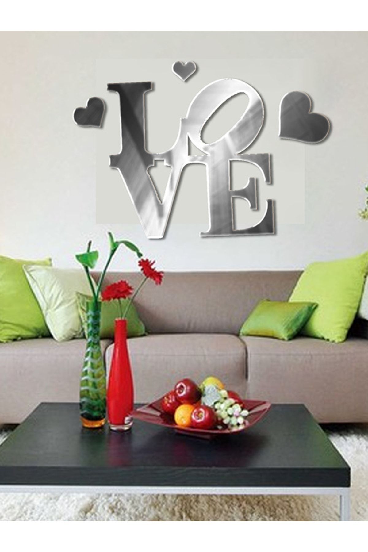 Pleksi Love Kalpli Gümüş Dekorarif Duvar Süsü Arkası Yapışkanlı Gümüş