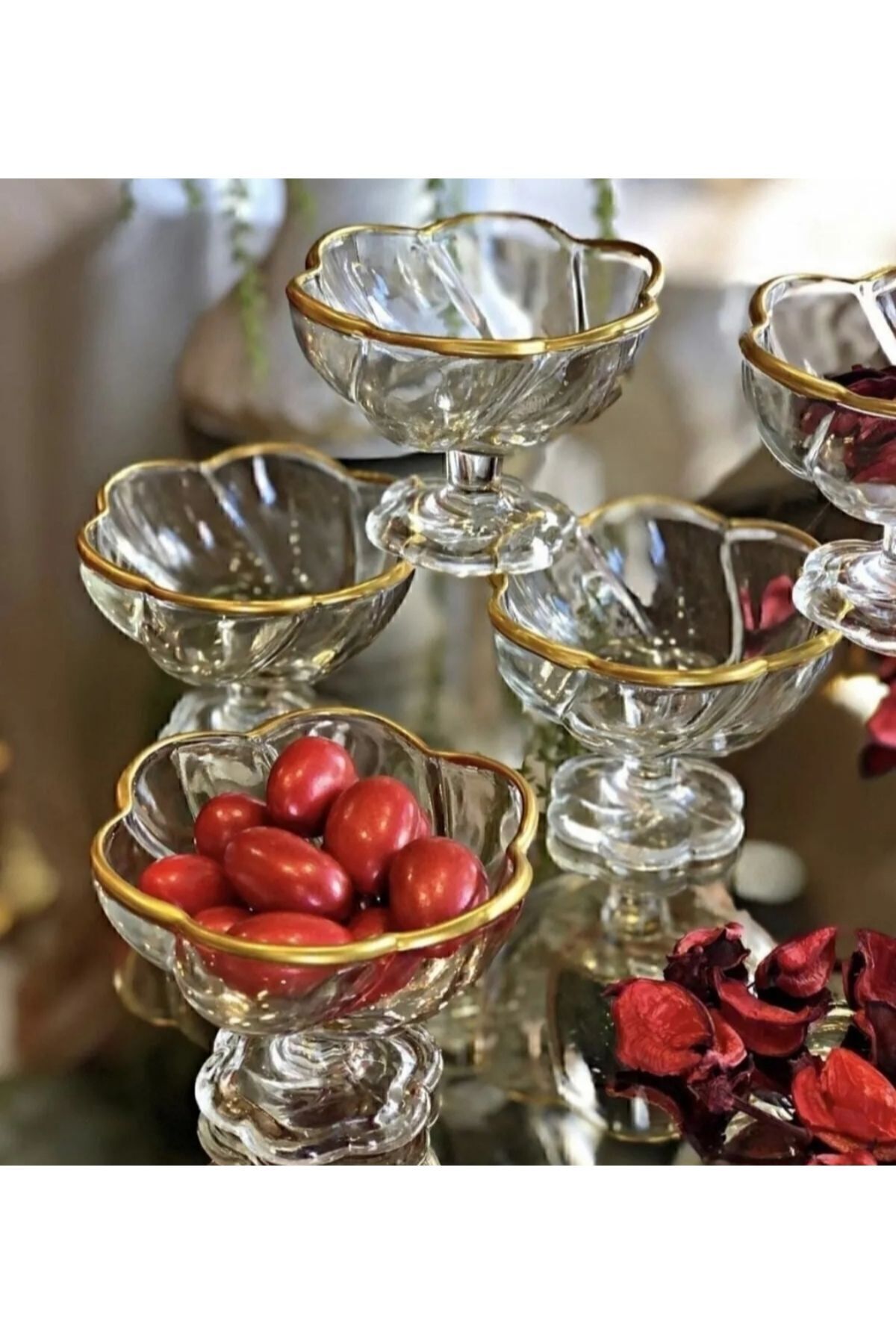 Görümce Kıristal 6 Adet Altın Yaldızlı Kahve Yanı Sunumluk Ikram Şekerlik Çikolatalık Reçellik Lokum Gold