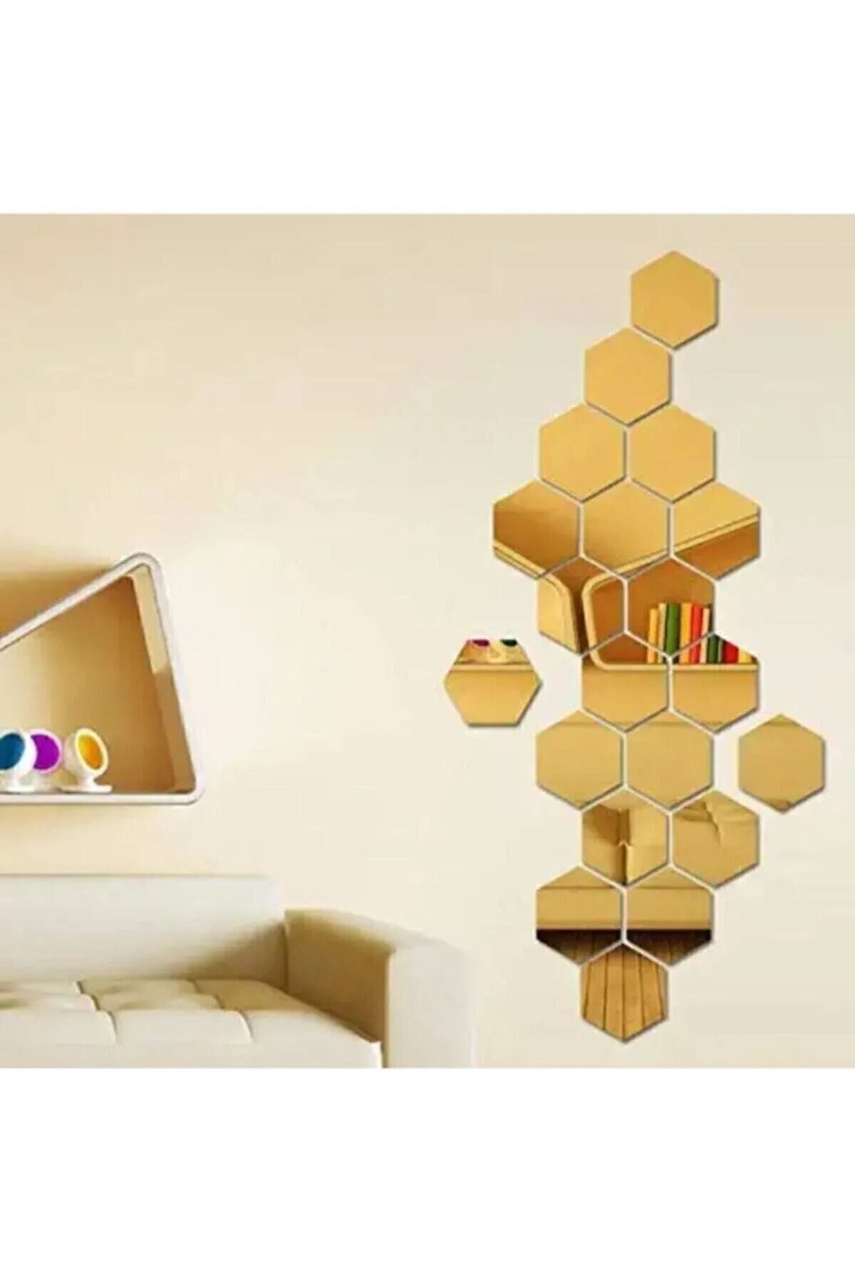 Dekoratif Bal Peteği Pleksi Ayna Gold Renk Kendinden Yapışkanlı (14 ADET X 7CM X 8CM) Gold