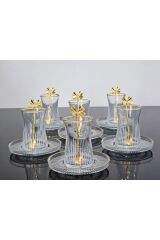 Drem Glass Çay Seti 18 Parça Gold Yaldızlı Kelebek Çay Kaşıklı Elysia Tabak