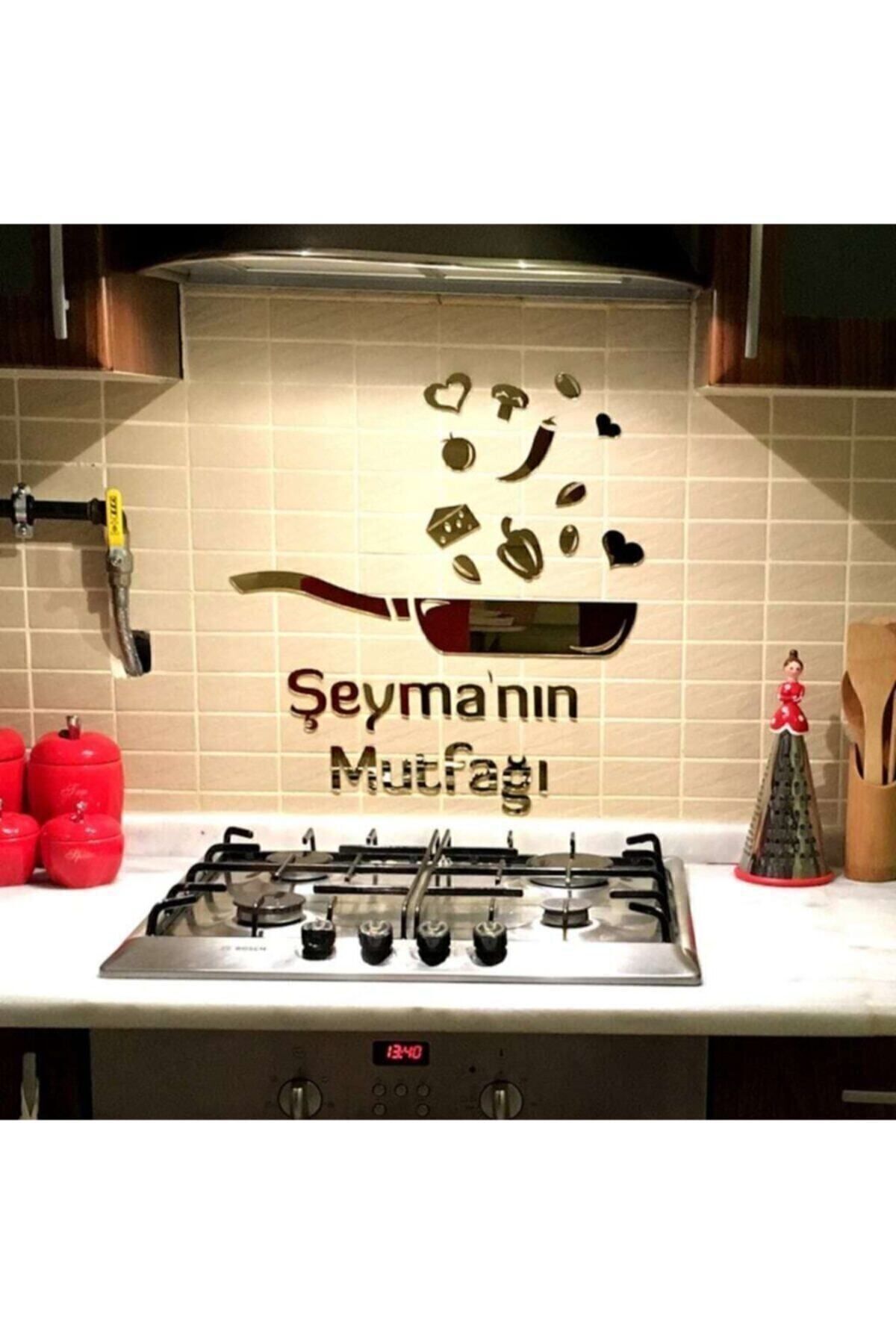 Aynalı Pleksili Duvar Dekorasyon Tava Mutfak Süsü Gold