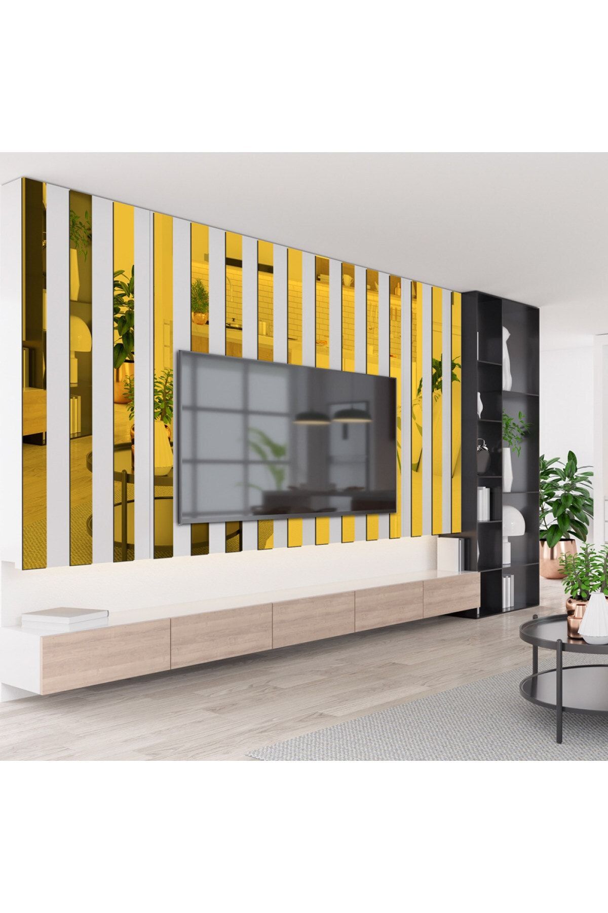 Dekoratif Şerit Gümüş Ayna Pleksi Duvar Süsü 10'lu Paket (5×100cm) Model 4 Altın