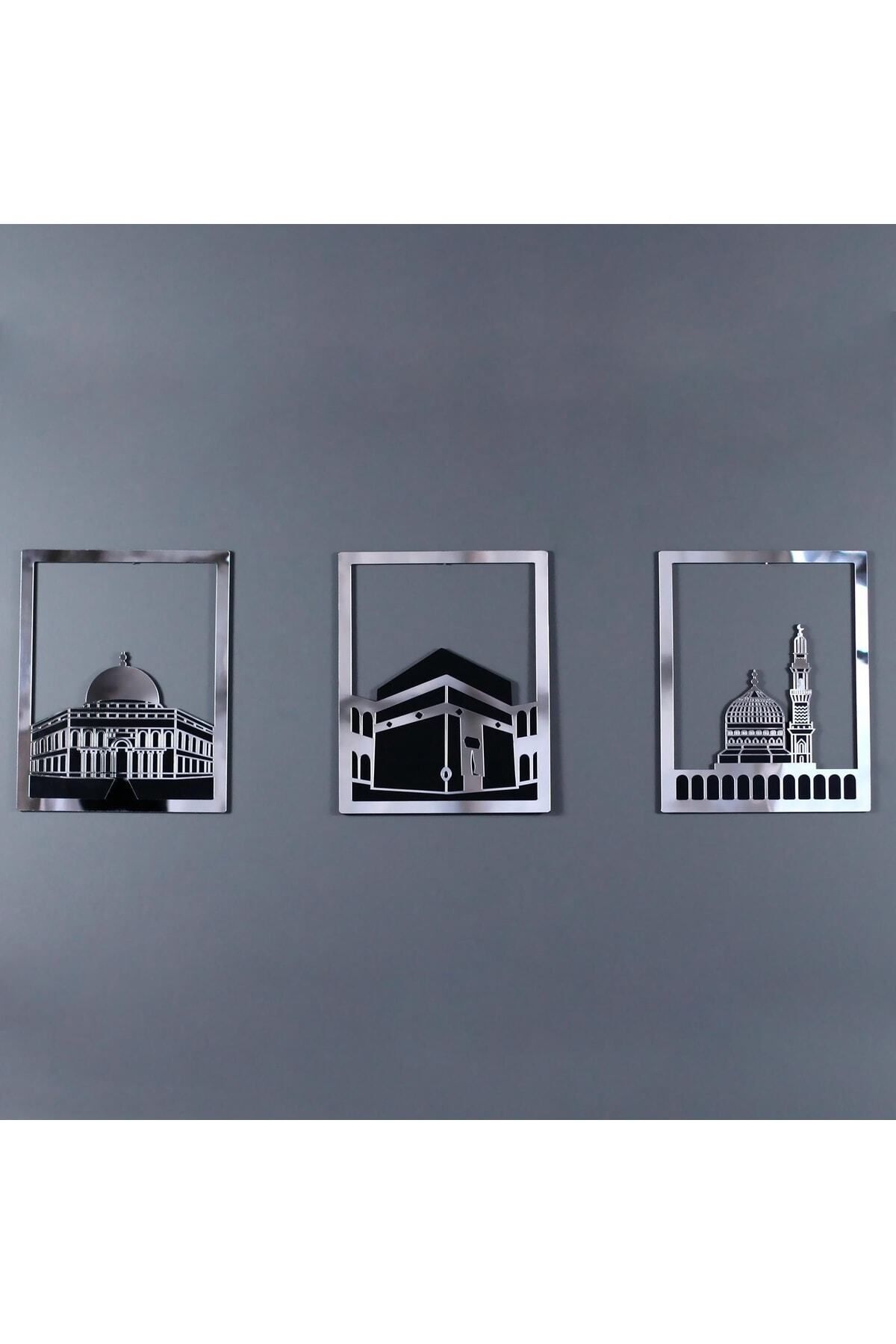 Mescid-i Aksa, Mescid-i Haram & Mescid-i Nebevi Kare 3'lü Set Islami Dekor Gümüş