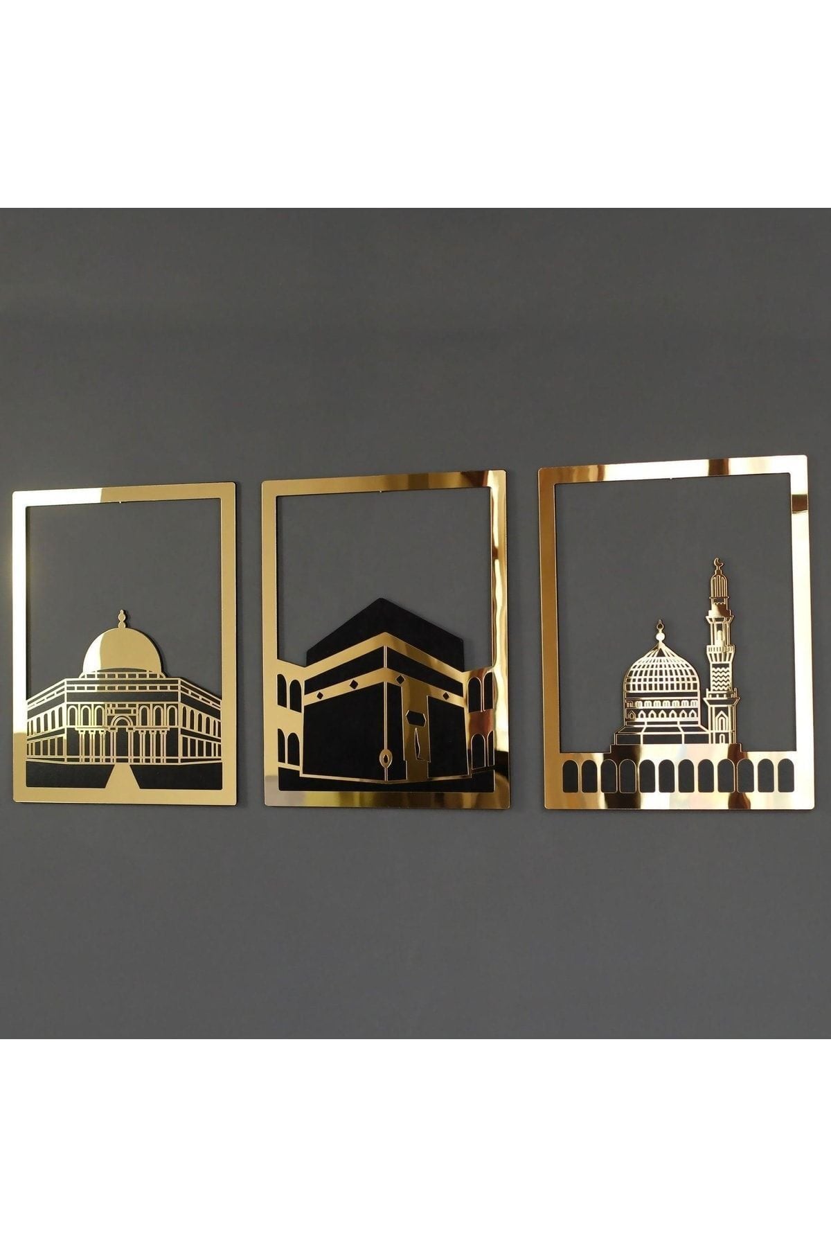 Mescid-i Aksa, Mescid-i Haram & Mescid-i Nebevi Kare 3'lü Set Islami Dekor Altin