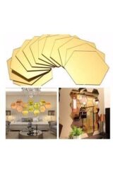 Bal Peteği Gold Dekoratif Altıgen 12ad Süs Akrilik Ayna 11x12,5cm Antre Duvar Pleksi Yapışkan Bantlı