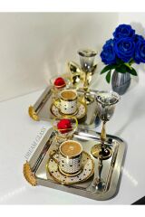 6'lı kare Gold tüy detaylı Çay & Kahve & Sunum Tepsisi