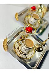 6'lı kare Gold tüy detaylı Çay & Kahve & Sunum Tepsisi