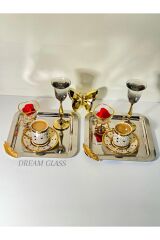 6'lı kare Gold tüy detaylı Çay & Kahve & Sunum Tepsisi
