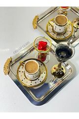 6'lı kare Gold tüy detaylı Çay & Kahve & Sunum Tepsisi